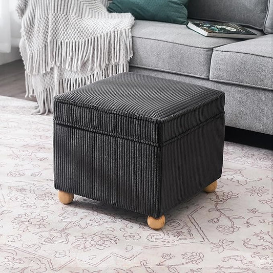 Adeco 17 Inch High Striped Flannel Black Cube Ottoman Storage, 3D Embossed Velvet Chair Foot Stools, Upholstered Vanity Stool with Hinged Lid, Solid Round Wood Legs-DeskLoop Office