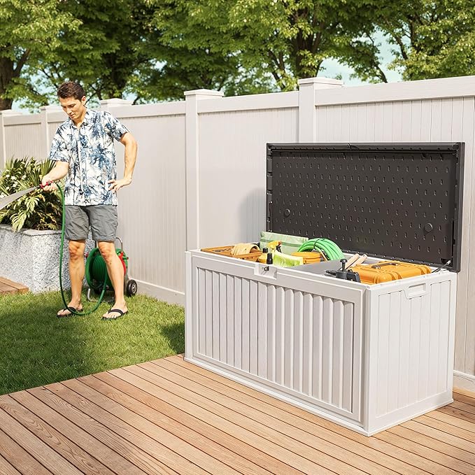 Gizoon 100 Gallon Deck Box, Resin Outdoor Storage Box with Lockable Lid, Waterproof and UV Resistant, Perfect for Storing Patio Mats, Garden Tools, Home and Outdoor Organization-DeskLoop Office