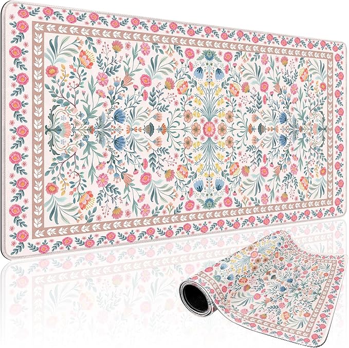 Pink Floral Desk Mat 31.5"x15.7" | Extra Large Mouse Pad, Non-Slip Rubber Base by Mcapirivo
