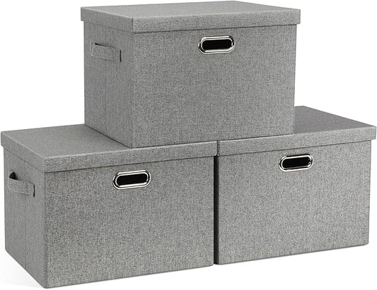 Large 17" 36 Quart Collapsible Stackable Storage Bins with Lids, 3 Packs Grey Linen Fabric Closet Boxes with Lids, Storage Cube Baskets Container Organizers for Bedroom Office(17 x12 x11)-DeskLoop Office