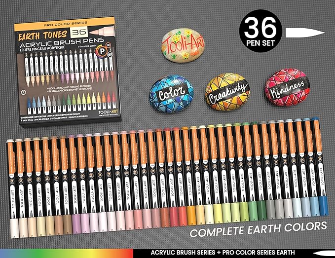 36 Flexible Brush Tip Earth Tones Acrylic Paint Pens Markers Set 1-7mm Line for Rock Painting, Brush Lettering, Glass, Mugs, Wood, Metal, Canvas, Fabric, Plastic. Non Toxic Waterbased Quick Drying-DeskLoop Office