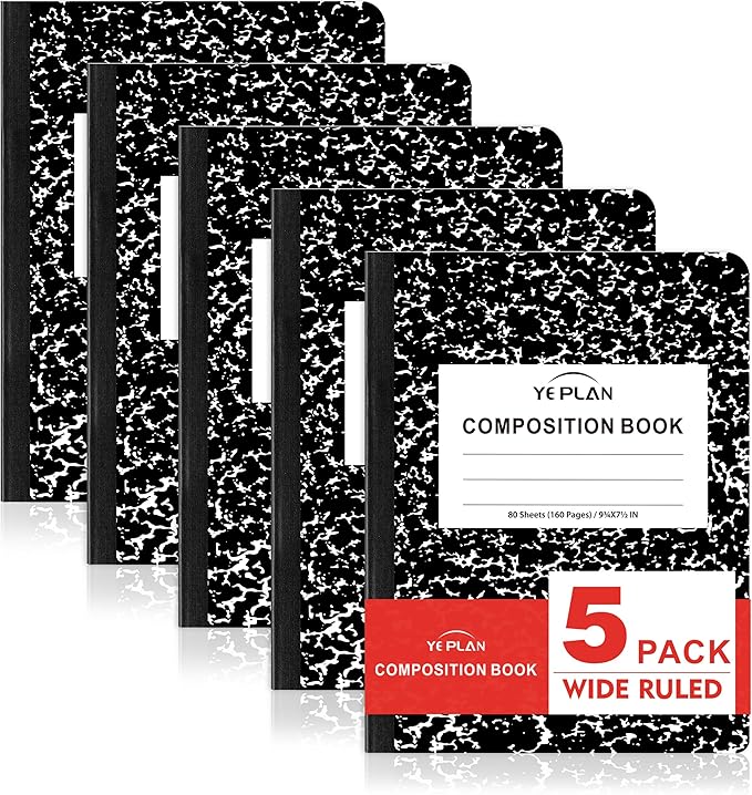 Yeplan Composition Notebooks 5 pack, Wide Ruled Notebook Paper, 9 3/4" x 7 1/2" by Yeplan