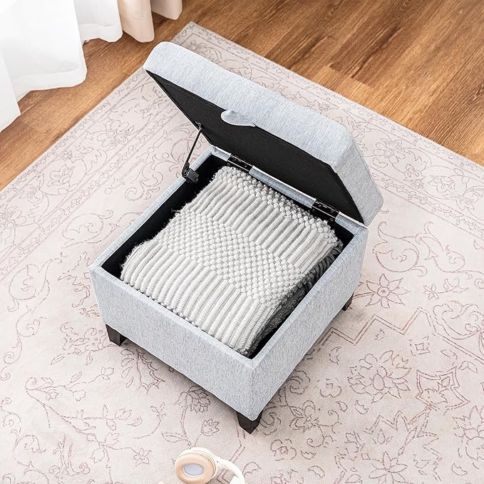 Adeco 18 Inch High Cube Ottoman Storage, Linen Chair Foot Stools, Upholstered Vanity Stool with Hinged Lid, Solid Wood Legs-DeskLoop Office