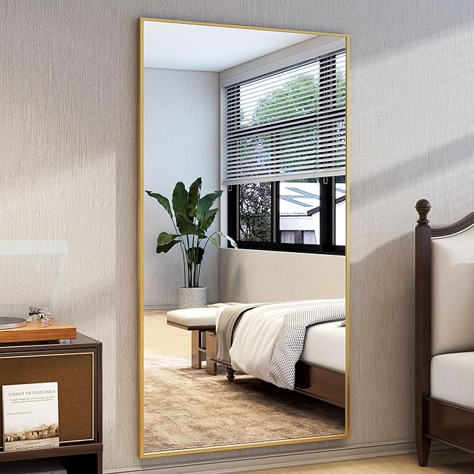Full Length Mirror with Stand 34"x76" Full Body Mirror Floor Mirror Standing Hanging or Leaning Wall, Wall Mirror with Stand Aluminum Alloy Frame for Living Room Bedroom Cloakroom,Gold-DeskLoop Office
