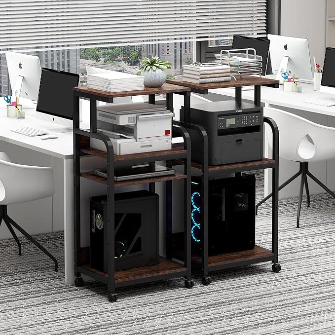 4-Tier Printer Stand with Adjustable Storage Shelf, Large Tall Printer Table with Wheels for Home Office Small Spaces Organization, Rustic Brown-DeskLoop Office
