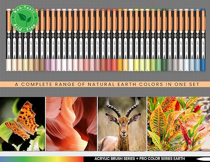 36 Flexible Brush Tip Earth Tones Acrylic Paint Pens Markers Set 1-7mm Line for Rock Painting, Brush Lettering, Glass, Mugs, Wood, Metal, Canvas, Fabric, Plastic. Non Toxic Waterbased Quick Drying-DeskLoop Office