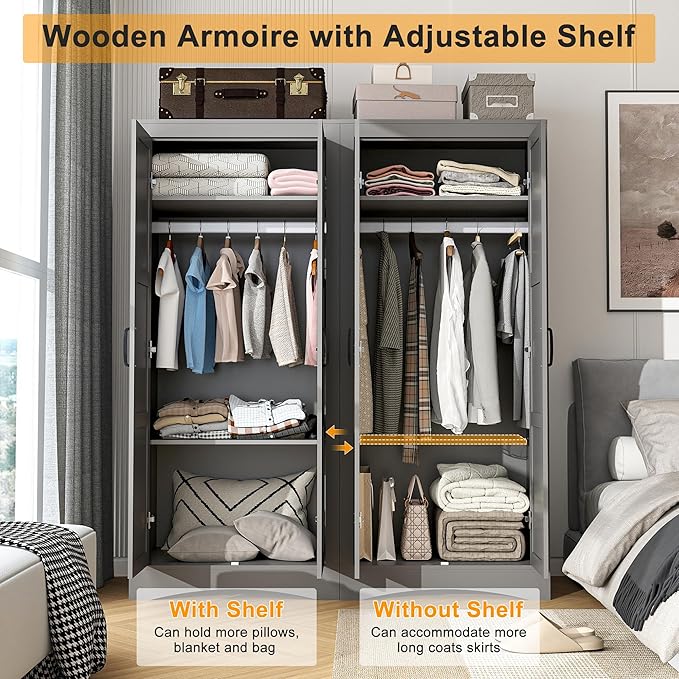 2 Door Wardrobe Closet, Wood Armoire with 2 Shelves and Hanging Rod, Freestanding Tall Storage Cabinet, Bedroom and Guest Room Armoire Cabinet for Clothes Storage, Gray-DeskLoop Office