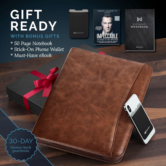 NERO MANETTI- Zippered Vegan Leather Padfolio/Portfolio Pad Holder-Business PU - Image 2