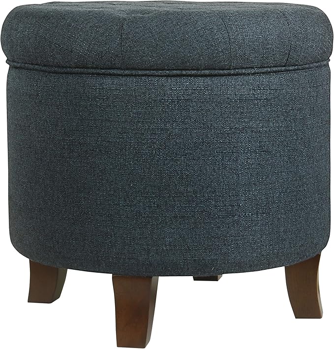 HomePop by Kinfine Fabric Upholstered Round Storage Ottoman - Velvet Button Tufted Ottoman with Removable Lid, Indigo Blue Woven-DeskLoop Office