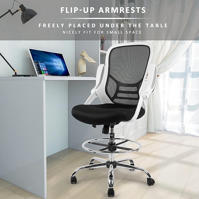 HYLONE Drafting Chair, Tall Office Chair Mesh Standing Desk Stool with Adjustable Foot Ring, Flip-Up Arms, White & Black-DeskLoop Office