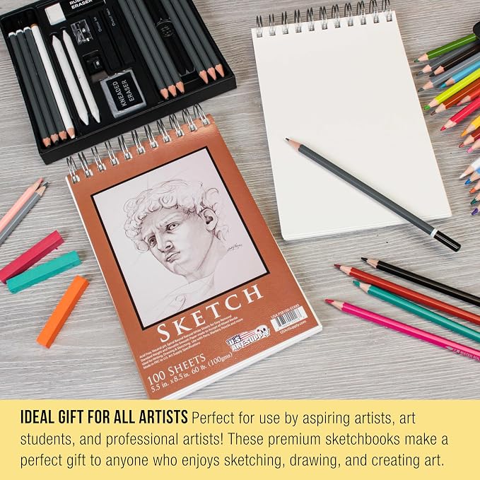 U.S. Art Supply 5.5"x8.5" Top Spiral Bound Sketch Book, 2 Pack, 100 Sheets Each - Image 3