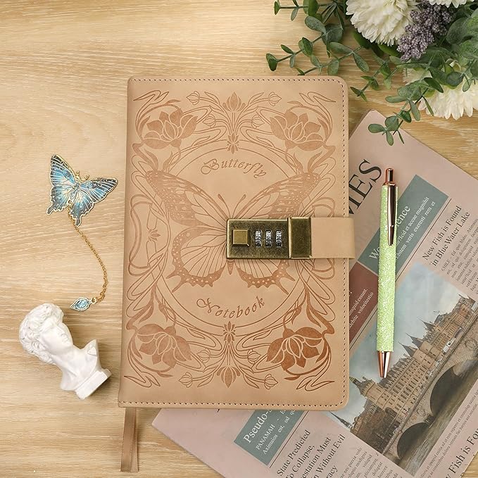 TIEFOSSI Diary with Lock for Women Girls, Lined Locked Journal, Butterfly Journal Notebook with Pen and Bookmark, A5 Refillable Locking Journals for Writing, 224 Numbered Pages-DeskLoop Office