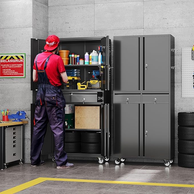 Garage Storage Cabinet with Wheels, Metal Storage Cabinet with 2 Drawers and 2 Adjustable Shelves, Metal Lockers with Pegboards for Homes, Offices, Kitchens, Schools and Pantries-DeskLoop Office