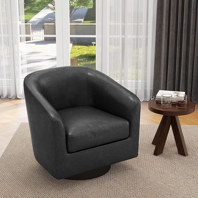 UIXE Faux Leather Swivel Accent Chair with Wood Base, Modern Upholstered Barrel Chairs for Living Room, Comfy Round Armchair Single Sofa Bedroom Reading Seat - 31" W, Black-DeskLoop Office