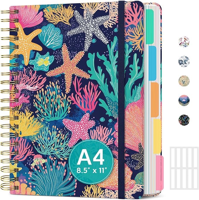 Large Lined Spiral Journal for Women Cute Hardcover 5 Subject Notebook for Work by Taja