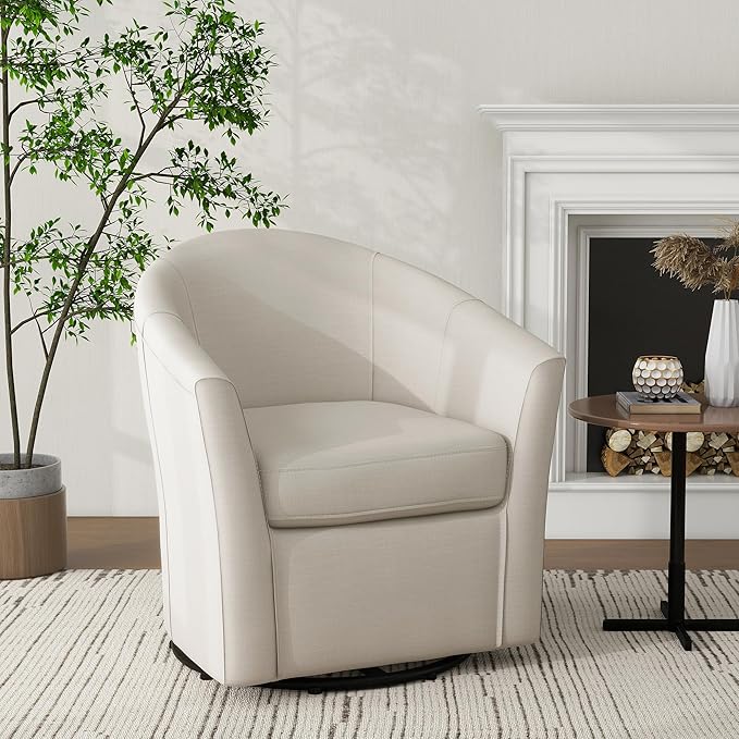 UIXE 360° Swivel Barrel Accent Chair, Modern Round Arm Chair Upholstered Club Armchair, Single Sofa Seating in Fabric for Living Room, Bedroom (Beige)-DeskLoop Office