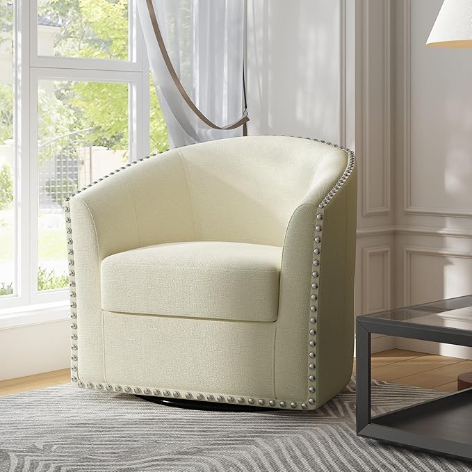 UIXE 360° Swivel Barrel Accent Chair, Modern Upholstered Arm Chair Round Club Armchair, Nailhead Trim Single Sofa Seating in Fabric for Living Room - White-DeskLoop Office