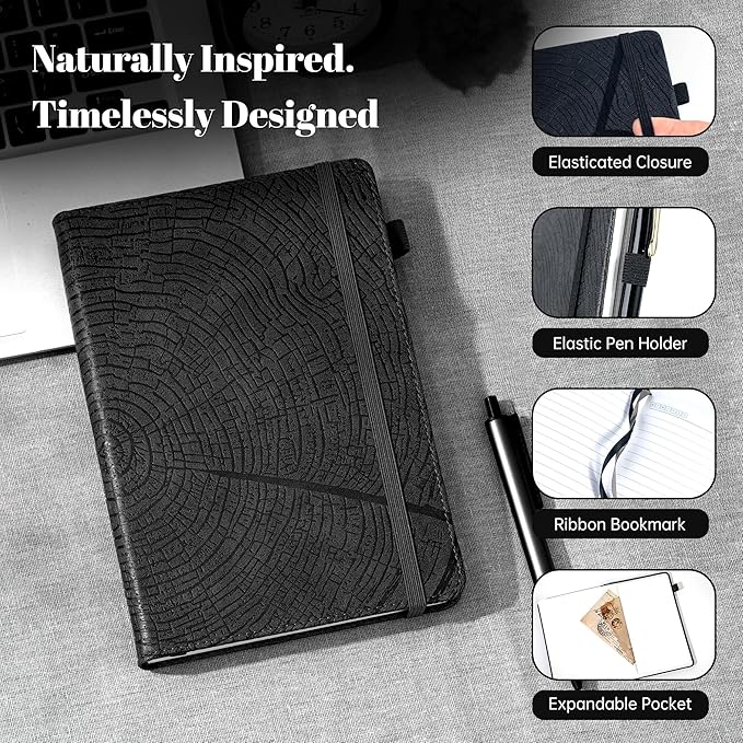 CAGIE Lined Journal for Men Women, Tree Growth Ring Leather Bound Journal Notebook, 256 Pages 100 GSM Journals for Writing, A5 Hardcover Journaling Notebooks for Work, Note Taking, Black-DeskLoop Office