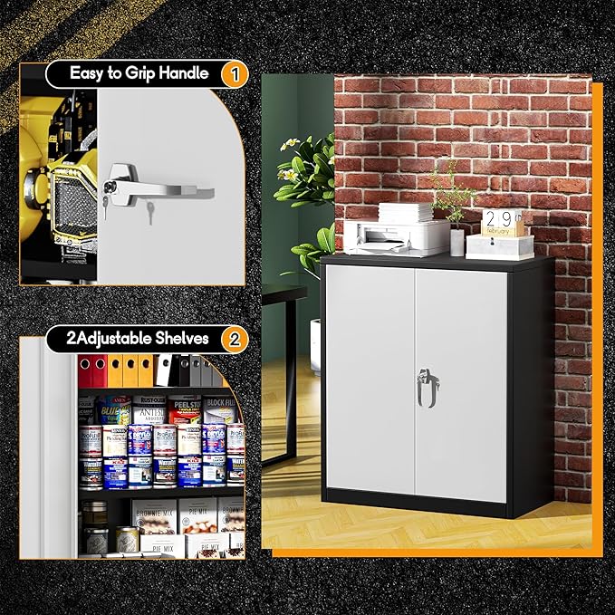 Greenvelly Metal Garage Storage Cabinet, Lockable Metal Cabinets with 2 Doors and Shelves,36” Steel Storage Locking Counter Cabinet for Office,Garage,Kitchen,Home,School(Black Grey)-DeskLoop Office