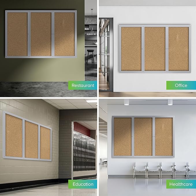 Ghent 36" x 72" 3-Door Indoor Enclosed Bulletin Board with Lock, Cork Material, Shatter Resistant Acrylic Panels, Made in the USA, Satin Aluminum Frame-DeskLoop Office