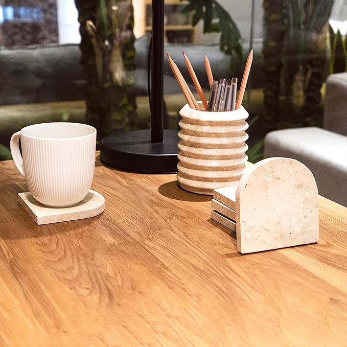 WORHE Pen Holder Stand for Desk, Natural Travertine Stone Makeup Brush Holders, Modern and Functional Pencil Cup for Office Supplies Tableware Organizer for Home Decor School Beige (PH90110)-DeskLoop Office