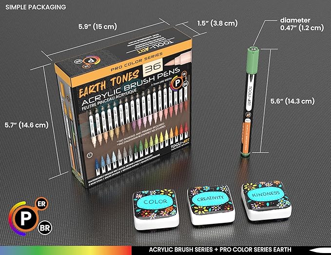 36 Flexible Brush Tip Earth Tones Acrylic Paint Pens Markers Set 1-7mm Line for Rock Painting, Brush Lettering, Glass, Mugs, Wood, Metal, Canvas, Fabric, Plastic. Non Toxic Waterbased Quick Drying-DeskLoop Office