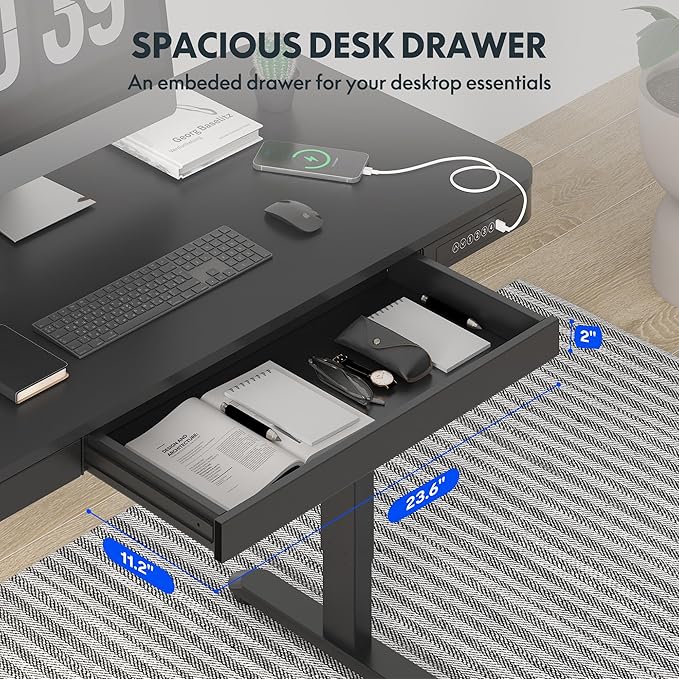 FLEXISPOT Comhar Electric Standing Desk with Drawer Desktop & Adjustable Frame Quick Install w/USB Charge Ports (Black, Wood)-DeskLoop Office