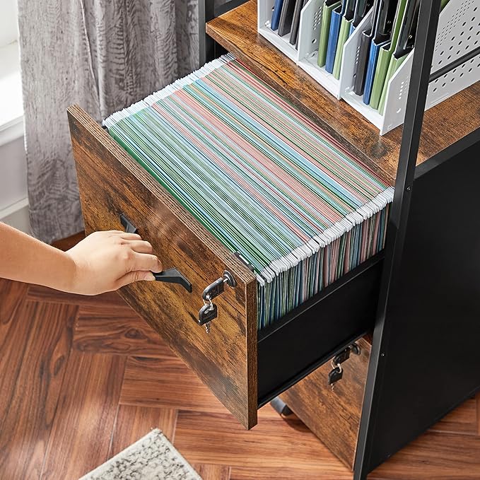 VASAGLE File Cabinet for Home Office, 2-Drawer Filing Cabinet with Lock, Open Shelf, Printer Stand, for A4 and Letter Sized Files, Adjustable Feet, Industrial, Rustic Brown and Ink Black UOFC045B01-DeskLoop Office
