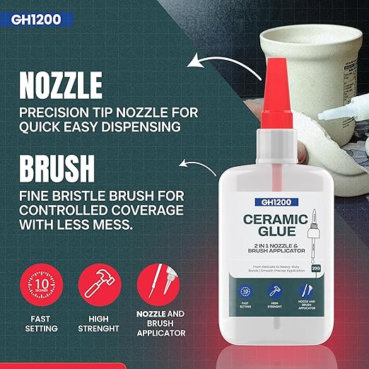 GH1200 Ceramic Glue Repair with Brush Applicator & Nozzle (20 g), Waterproof, Clear, Smooth. Fast Drying, Ceramic Glue for Pottery, Dishes, Mugs & More-DeskLoop Office