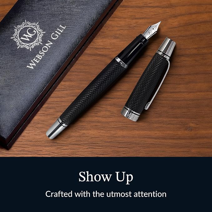 Webson Gill Show Up' Black Luxury Executive Fountain Pen, Woven Lacquer & Chrome - Image 2
