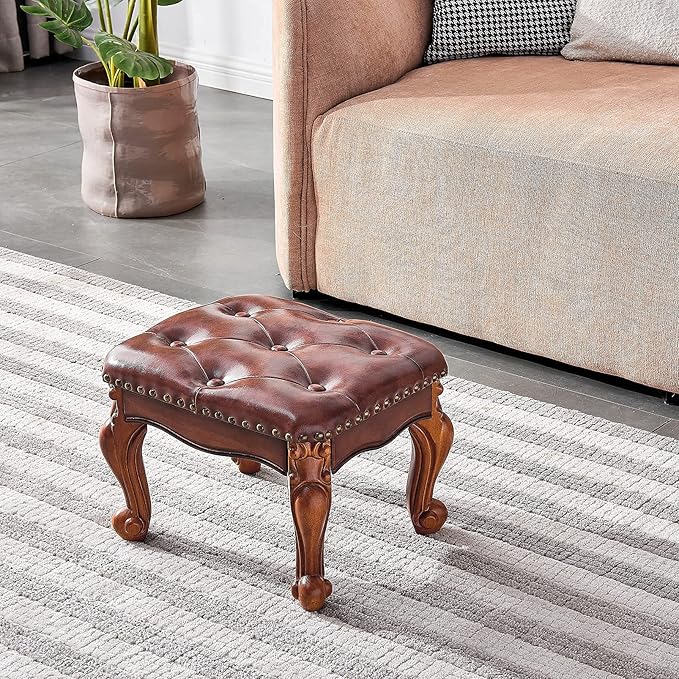 Foot Stool Ottoman Foot Rest Microfiber Leather Upholstered Footstool for Sofa, Living Room, Entryway, Solid Wood Stool (Light Brown)-DeskLoop Office