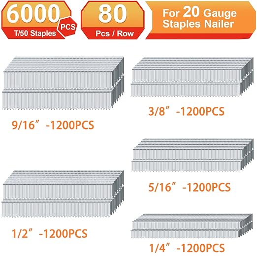 20 Gauge T/50 Staples, 1/4"+5/16"+3/8"+1/2"+9/16":6000pcs | Galvanized Nails - Image 3