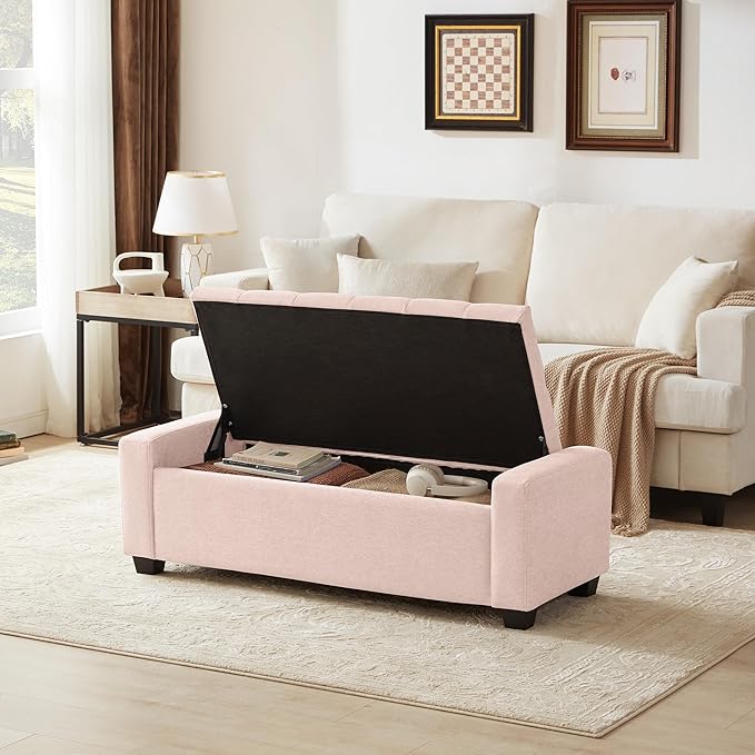48" Ottoman with Storage, Pink Storage Ottoman Bench with Safety Hinge, Upholstered Entryway Bench with Seating for Bedroom, Living Room, Holds up to 330 lb-DeskLoop Office