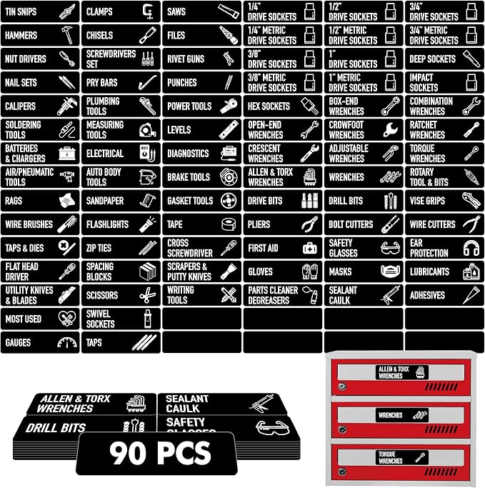 90 PCS Magnetic Toolbox Labels, 82 Pre-Printed & 8 Blanks Large Size Tool Chest by VANTASII