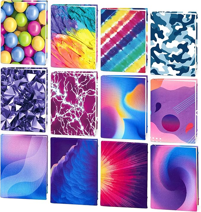 feela 12 Pack Jumbo Fabric Book Covers, Stretchable Washable Durable Reusable Nylon, for Hardcover Textbooks Notebooks up to 9'x11', 12 Patterns-DeskLoop Office