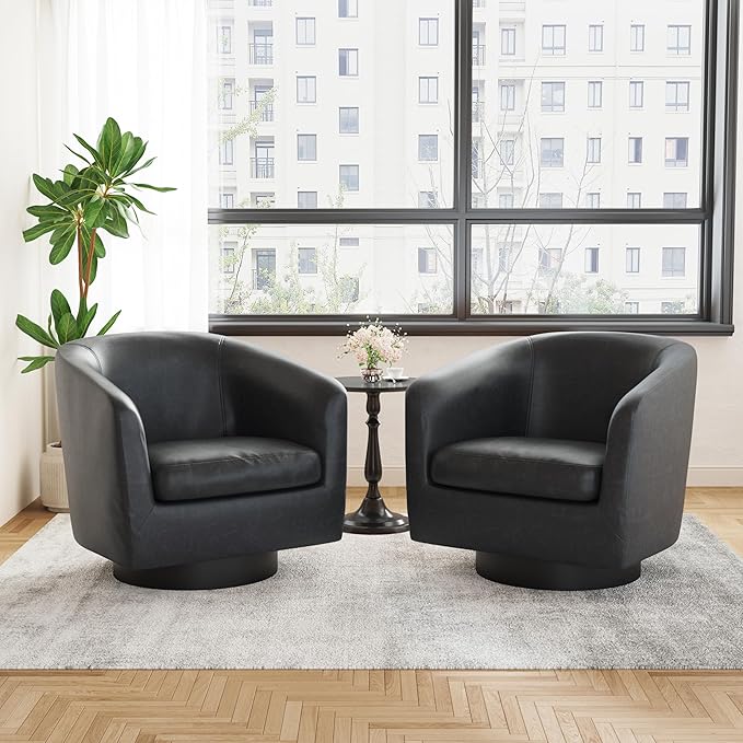 UIXE Faux Leather Swivel Accent Chairs Set of 2, Modern Upholstered Barrel Chairs for Living Room, Comfy Round Armchair Single Sofa Bedroom Reading Seat - 31" W, Black-DeskLoop Office