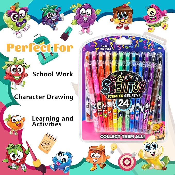 Scentos Scented Gel Pens Set – 24 Pack Neon Colors – Fine Tip Pens for Kids & Adults – Fruity Scents – Fun Art Supplies for Drawing, Coloring, Scrapbooking, Journaling & School-DeskLoop Office