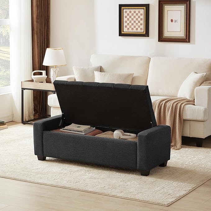 48" Ottoman with Storage, Storage Ottoman Bench with Safety Hinge, Upholstered Entryway Bench with Seating for Bedroom, Living Room, Holds up to 330 lb, Dark Gray-DeskLoop Office