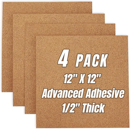 Cork Board Tiles 12"x12" - 1/2" Thick 4 Pack Cork Board Square Bulletin Boards Self Adhesive Corkboards for Walls Pin Boards Corkboards for Office Home School Decor-DeskLoop Office