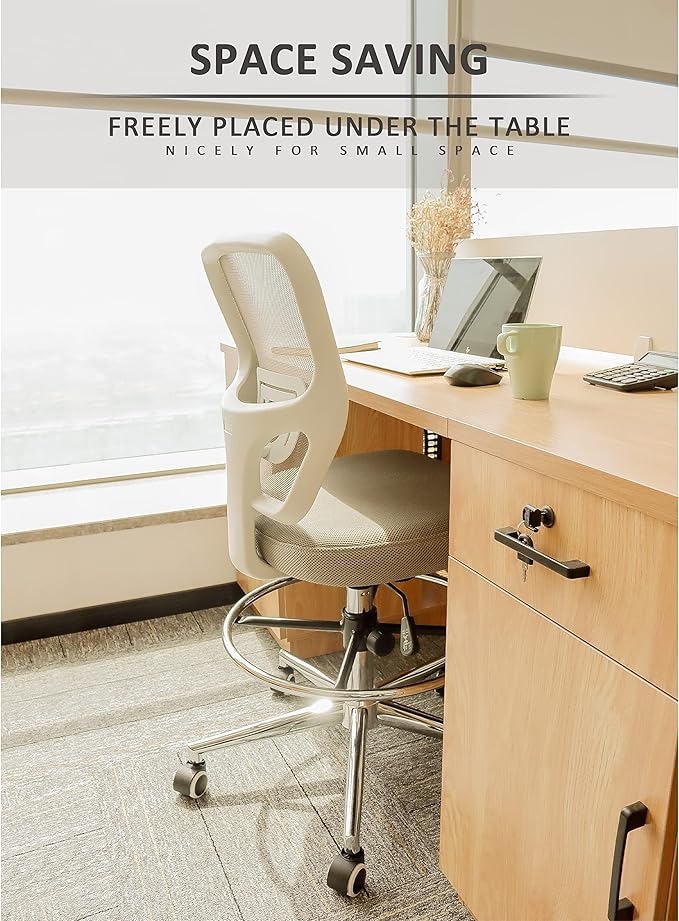 Drafting Chair, Tall Office Chair for Standing Desk, Drafting Stool with Lumbar Support, Adjustable Height and Foot Ring, Grey-DeskLoop Office