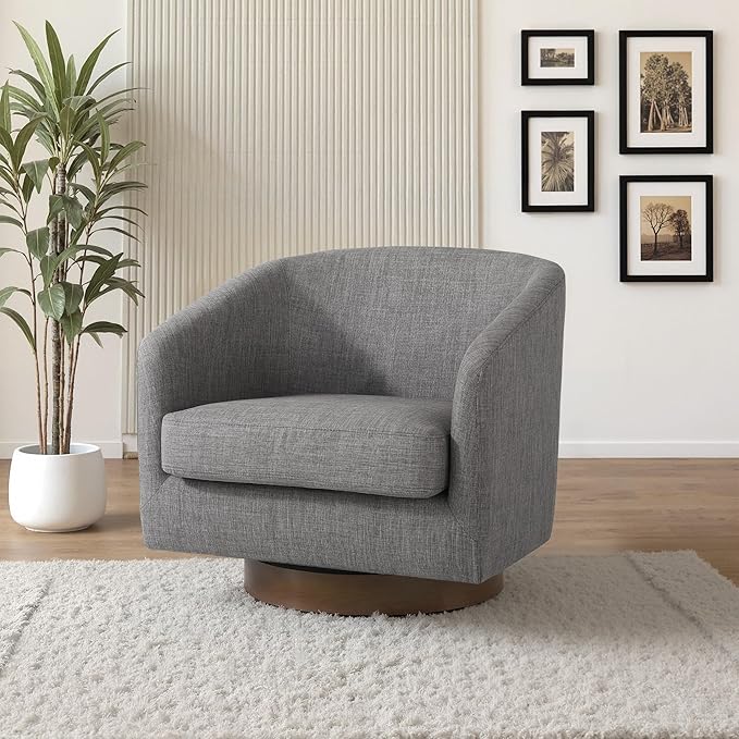 UIXE Swivel Accent Chair with Wood Base, Fabric Upholstered Barrel Chairs for Living Room, Comfy Round Armchair Single Sofa Bedroom Reading Seat - 31" W, Gray-DeskLoop Office