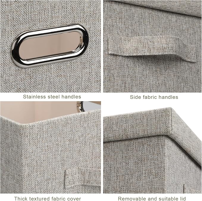 Large 17 36 Quart Collapsible Stackable Storage Bins with Lids, 1 Pack Beige Foldable Fabric Closet Storage Boxes with Lids, 4 Handles Toy Heavyduty Dark Gray Linen Storage Cube Box-DeskLoop Office