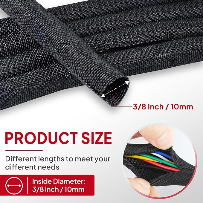 Black Braided Cable Management Sleeves Wire Loom Tubing Cord Protector - Image 2