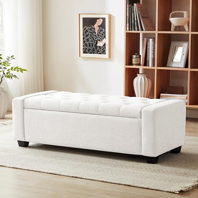 48" Ottoman with Storage, White Storage Ottoman Bench with Safety Hinge, Upholstered Entryway Bench with Seating for Bedroom, Living Room, Holds up to 330 lb-DeskLoop Office