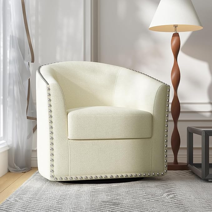 UIXE 360° Swivel Barrel Accent Chair, Modern Upholstered Arm Chair Round Club Armchair, Nailhead Trim Single Sofa Seating in Fabric for Living Room - White-DeskLoop Office