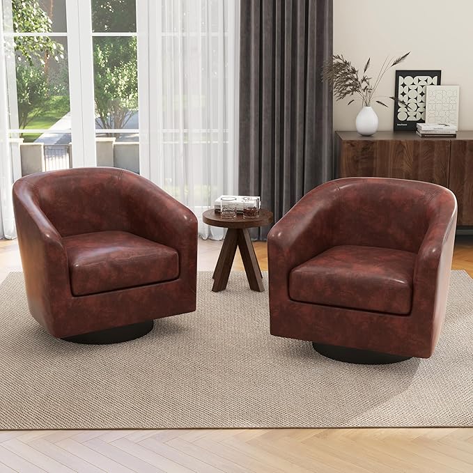 UIXE Faux Leather Swivel Accent Chairs Set of 2, Modern Upholstered Barrel Chairs for Living Room, Comfy Round Armchair Single Sofa Bedroom Reading Seat - 31" W, Red Brown-DeskLoop Office