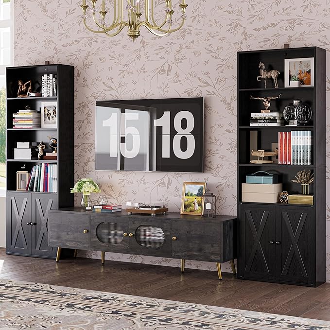 IRONCK Industrial Bookshelves and Bookcases with Doors Set of 2 Floor Standing 6 Shelf Display Storage Shelves 70 in Tall Bookcase for Home Office, Living Room-DeskLoop Office