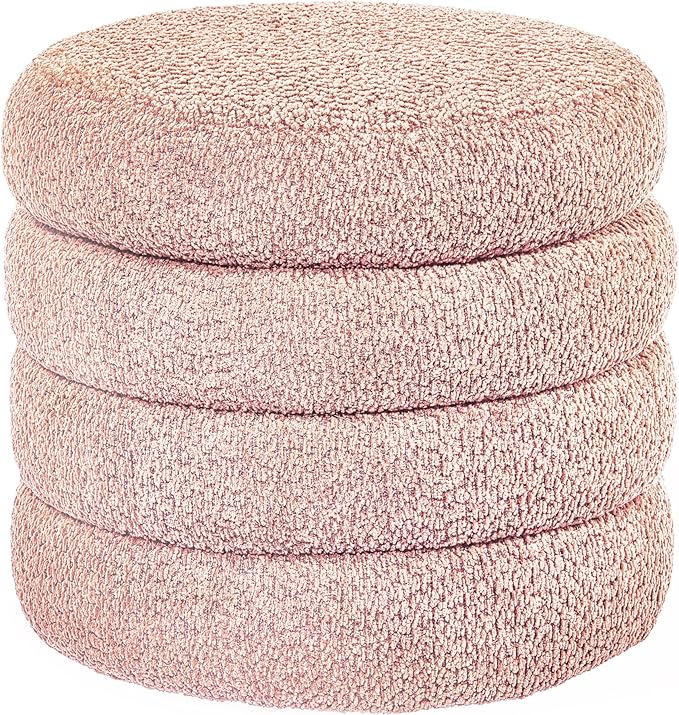 Storage Ottoman, Round Ottoman with Storage, Vanity Stool Foot Rest with Removable Lid, Round Boucle Upholstered for Living Room Pouf Footstool (Pink)-DeskLoop Office