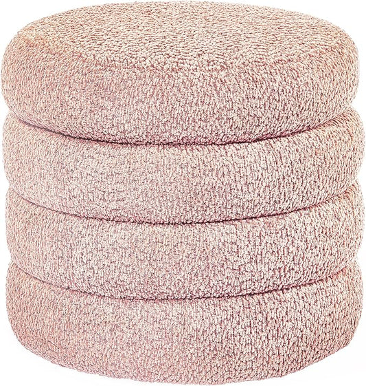 Storage Ottoman, Round Ottoman with Storage, Vanity Stool Foot Rest with Removable Lid, Round Boucle Upholstered for Living Room Pouf Footstool (Pink)-DeskLoop Office