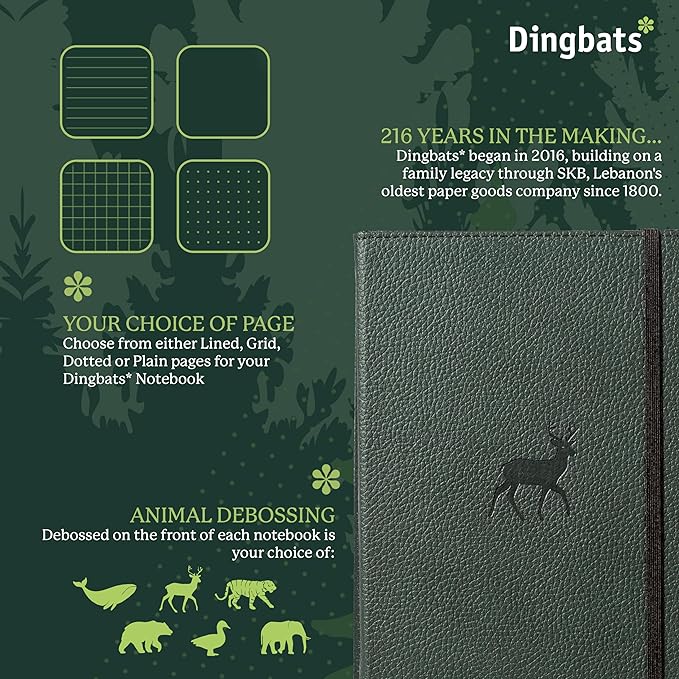 Dingbats A5 Wildlife Notebook Journal Hardcover, Cream 100gsm Ink-Proof Paper, 6.1 x 8.5 inches, 192 pages (Green Deer, Squared)-DeskLoop Office